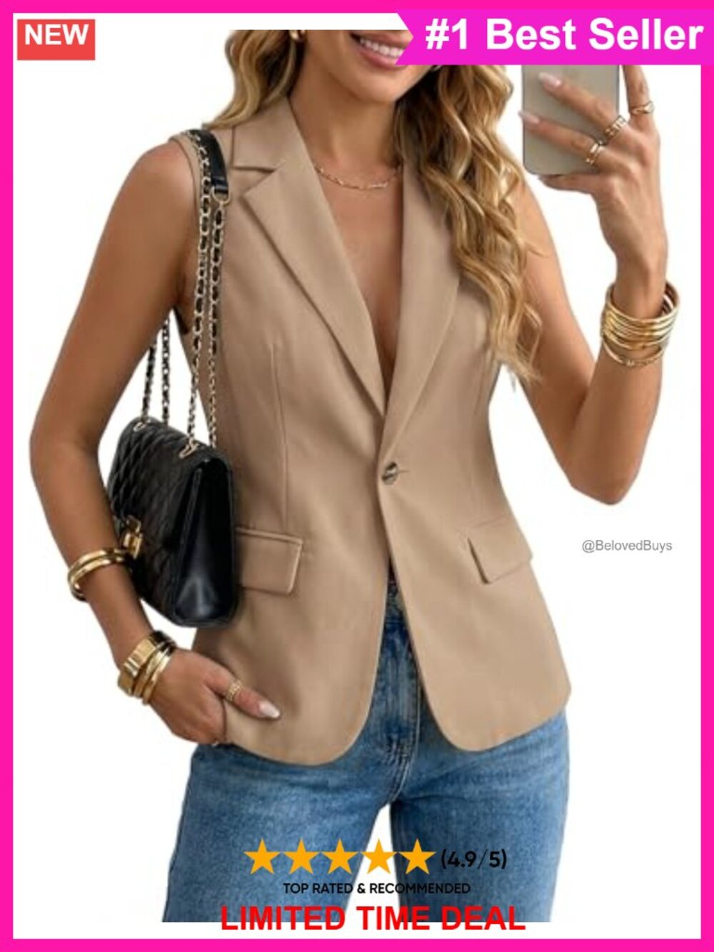 Sleeveless Blazer Vest Fully Lined Lightweight Notched Lapel Waistcoat Pockets